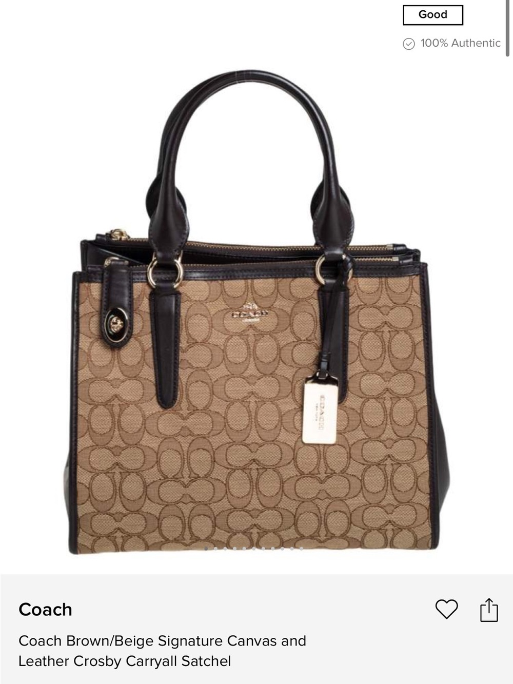 Coach Beige/Brown Signature Canvas Satchel with Dark Brown Trim gold hardware